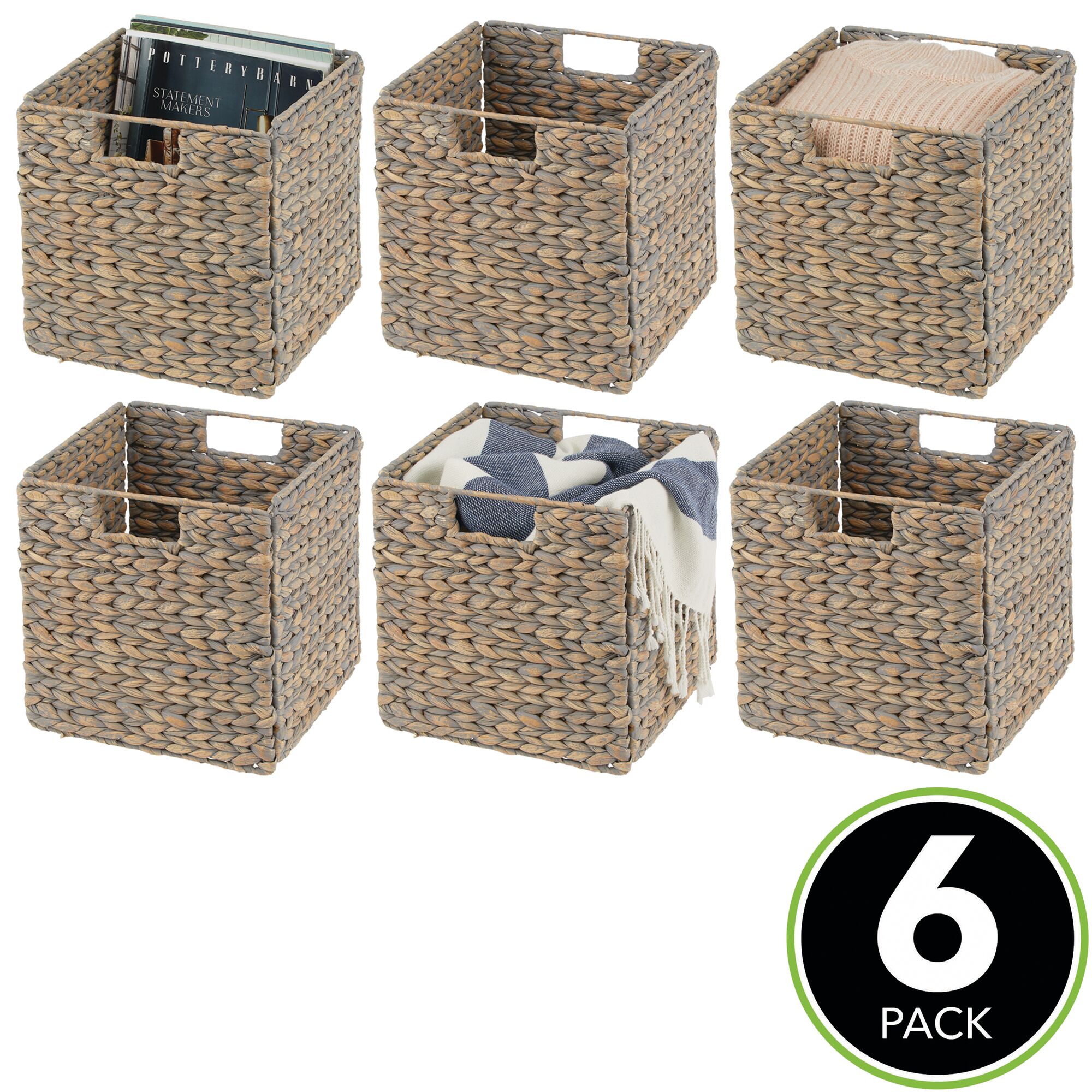 mDesign Hyacinth Woven Cube Bin Basket Organizer, Handles, 6 Pack, Gray Wash