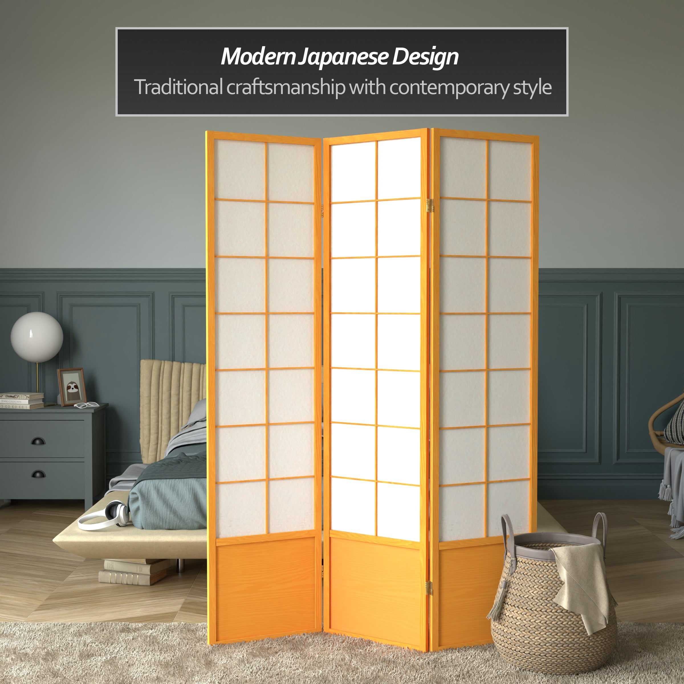 6 ft. Tall Premium Japanese Design Wide Window Pane Screen - Honey - 3 Panels
