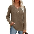 thumbnail image 2 of Brown Women Button T Shirts Long Sleeve Tops Tee for Women Vneck Spandex Crochet Warm Striped Plain Winter Fall Tee Shirt 2025 Clothes Y2K XL, 2 of 7