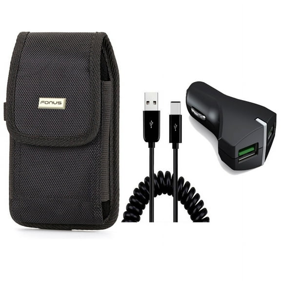 Case Belt Clip & Car Charger for iPhone 15 Pro - Rugged Holster Canvas Cover and 36W Fast 2-Port USB Coiled Cable Type-C R5O for iPhone 15 Pro (6.1")