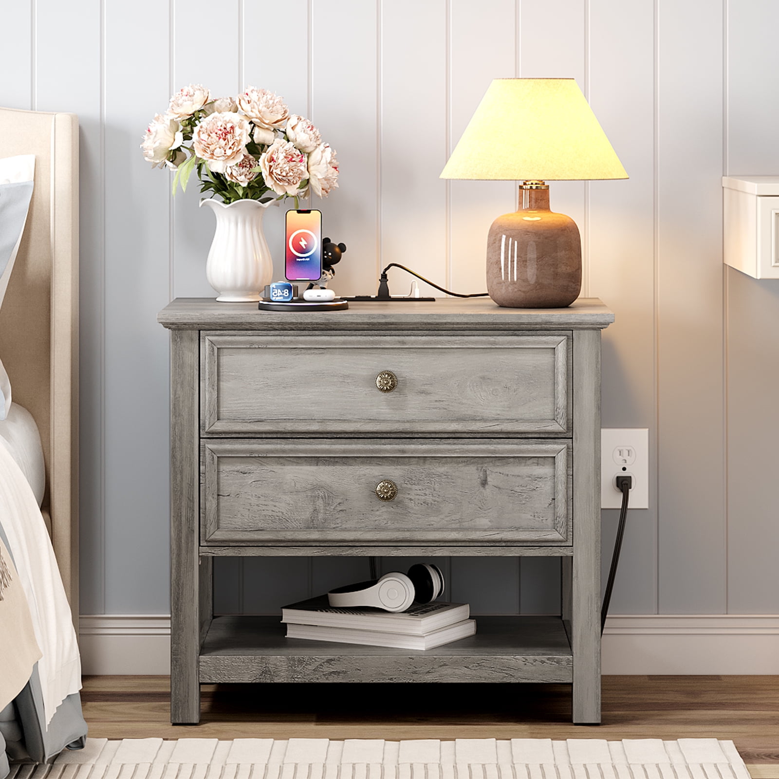 Holliwill 3pcs Dresser Nightstands Set, Farmhouse Bedroom Set, Wide 8 Drawer Dresser and 2 Drawer Nightstand with Open Shelf & Charging Station, Chest of Drawers for Bedroom, Grey