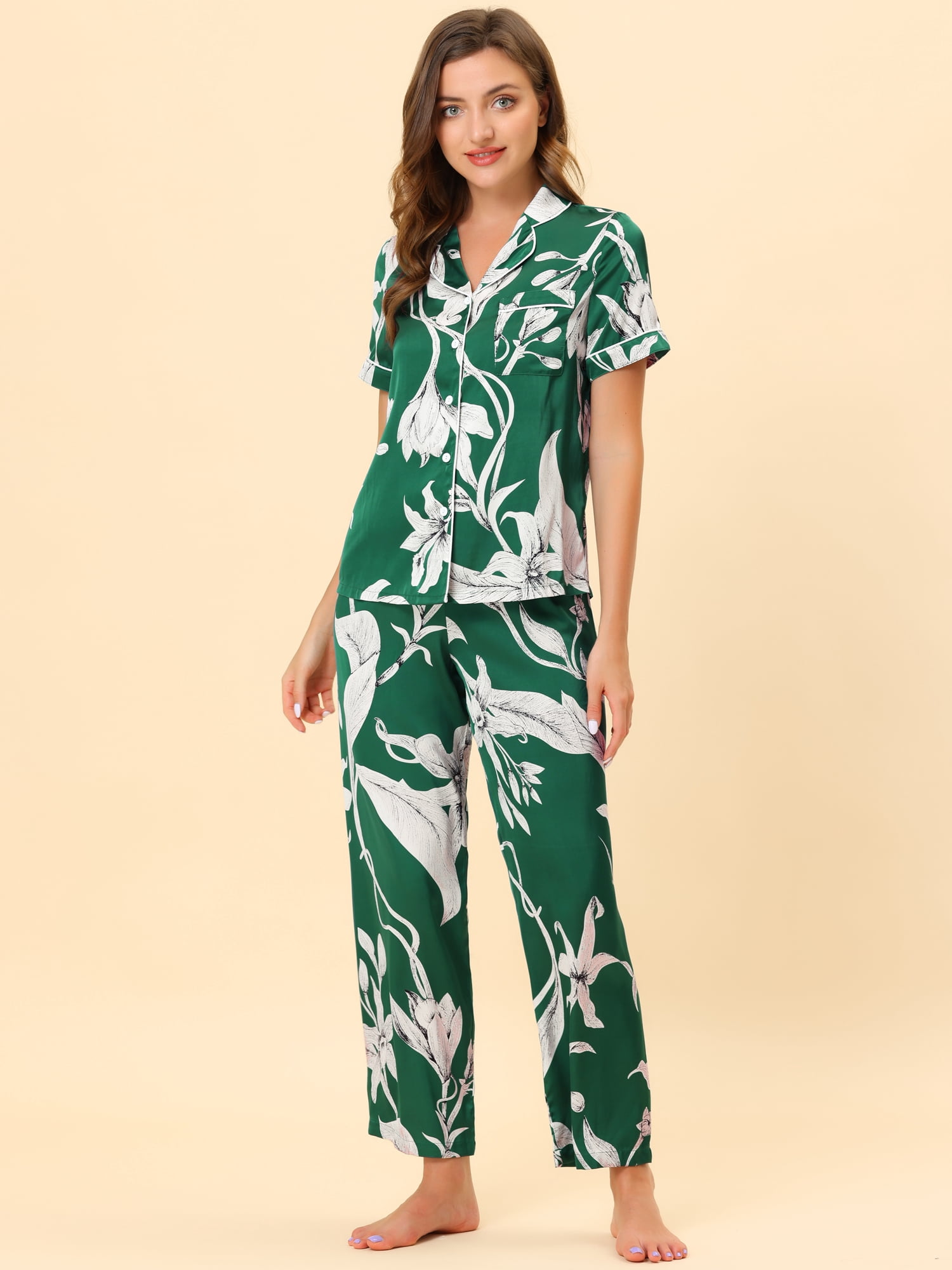 Unique Bargains Women's Pajama Set Silk Short Sleeves and Pants Floral Satin Sets