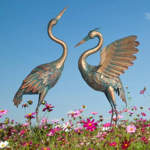 33-37 Inch Metal Crane Garden Statue Décor, Bird Heron Garden Sculpture & Statues, Outdoor Decoration for Yard Pond Lawn Backyard Pool, Vintage Spread Wings Crane, Set of 2 Copper