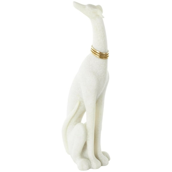 3" x 15" Cream Polystone Sitting Dog Sculpture with Gold Collar, by DecMode