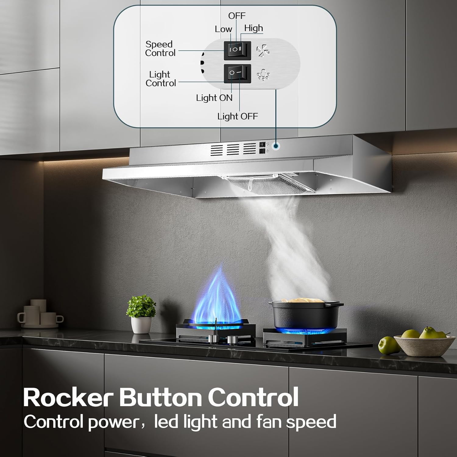 Under Cabinet Range Hood 36 inch, Ducted/Ductless Vent Hood with 2 Speeds Fan, Black Range Hood with Rocker Button Control, Kitchen Hood 280CFM, Bright LED Light