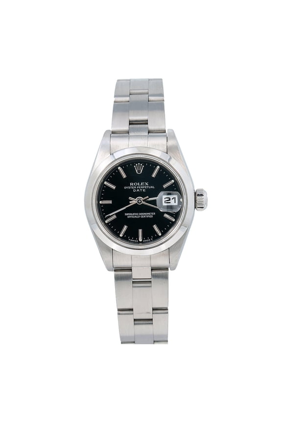 Pre-Owned Rolex Oyster Perpetual Lady Date 69160 26MM Black Dial With Stainless Steel Oyster Bracelet