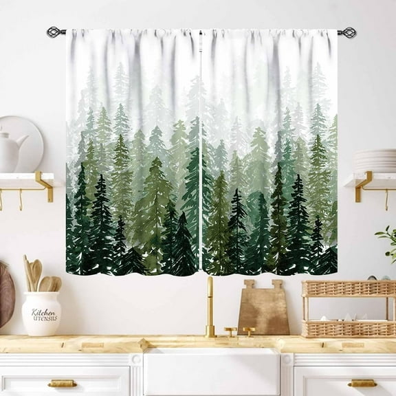 Forest Curtains,Watercolor Green Forest Pine Trees Natural Landscape Printed Drapes Treatments for Bedrooms Living Rooms Kitchens Cafe 2 Panel,55X39 Inch