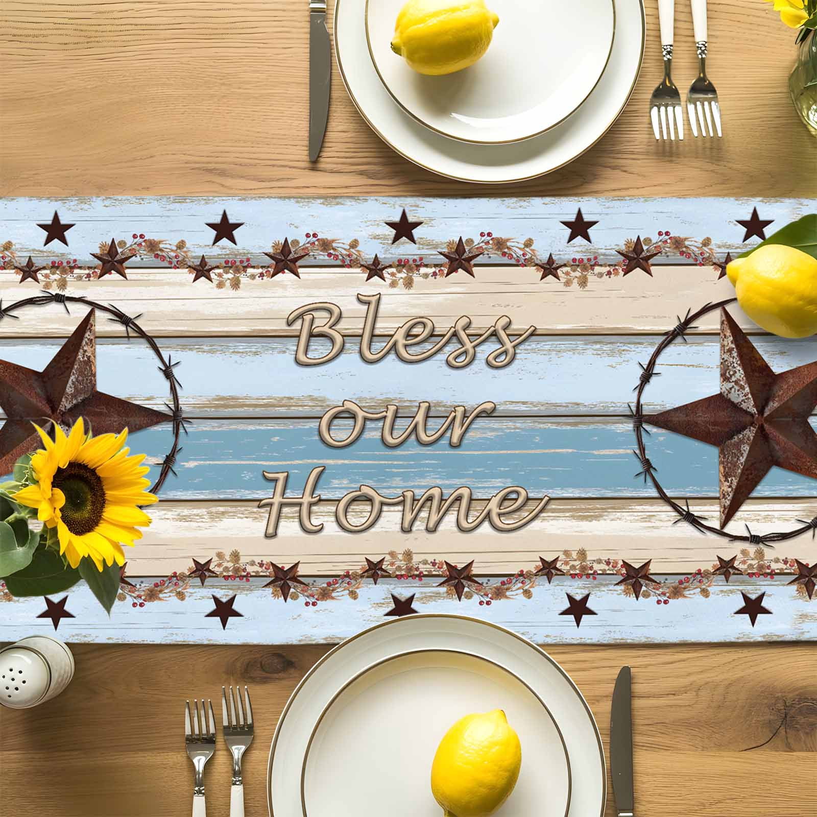 Vintage Western Star Home Quote Table Runner 90 Inches Long, Farm Gradient Wood Board Table Runners Tabletop Scarf Kitchen Dining Tables Decoration for Home Party Indoor Outdoor