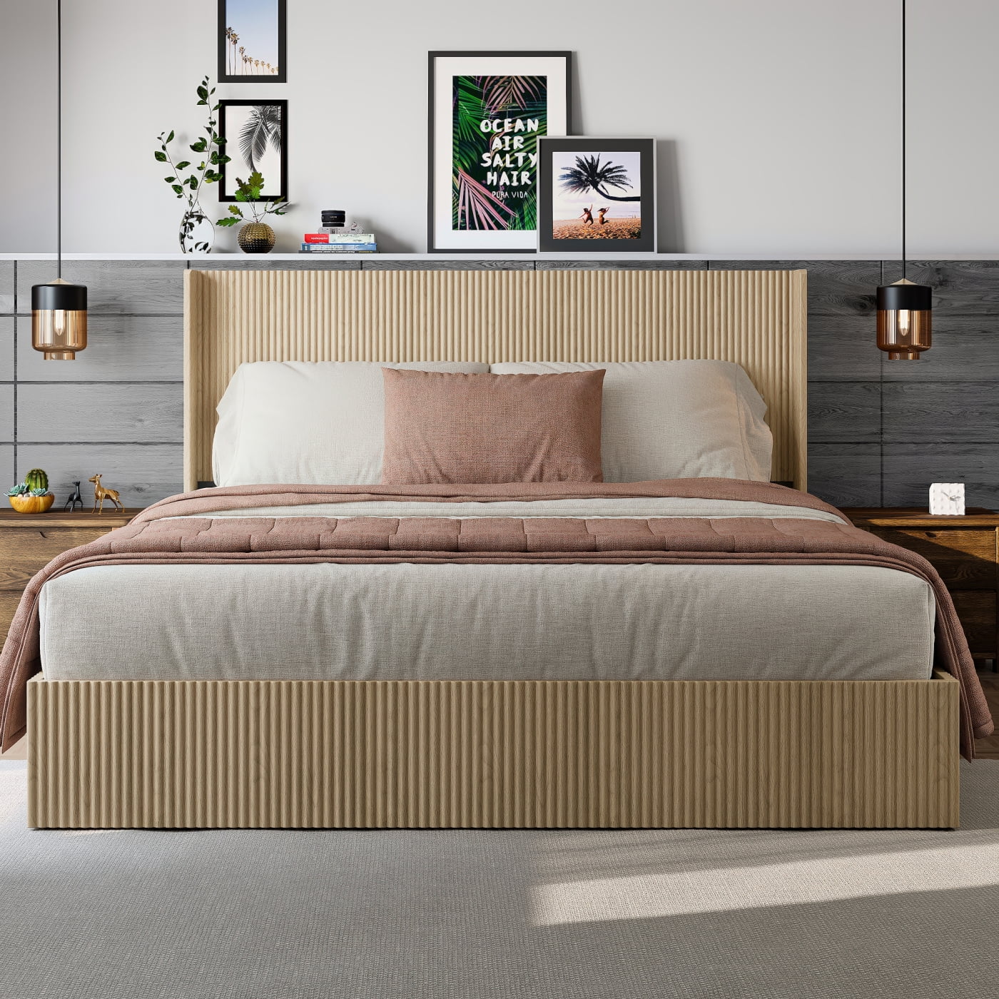 Harper & Bright Designs King Size Floor Platform Bed with Lift Storage, Wooden Grooved Bed Frame with Headboard for Bedroom, Oak