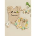 thumbnail image 2 of FEORJGP Infant Baby Girl Summer Outfits 0-18M Kids Toddler Fly Sleeve Rompers Letter Print Jumpsuits Fruits Print Bowknot Shorts Headband Little Girlscs Casual Clothes Set for Daily Vacation, 2 of 7