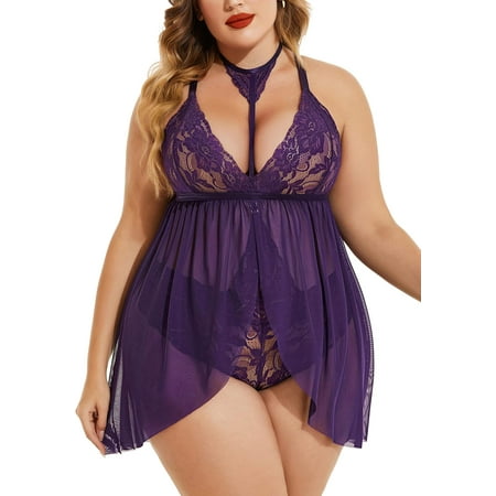 SUCS Plus Size Lingerie for Women Sexy Lace Babydoll Mesh Choker Sleepwear L-5XL