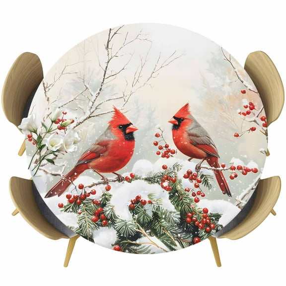 Christmas Round Tablecloth 45-54 Inch Round Fitted Table Cloth with Elastic Edge, Red Birds Snowflake Berry Botanical Waterproof Table Cover Protector for Outdoor Picnic Party Dining