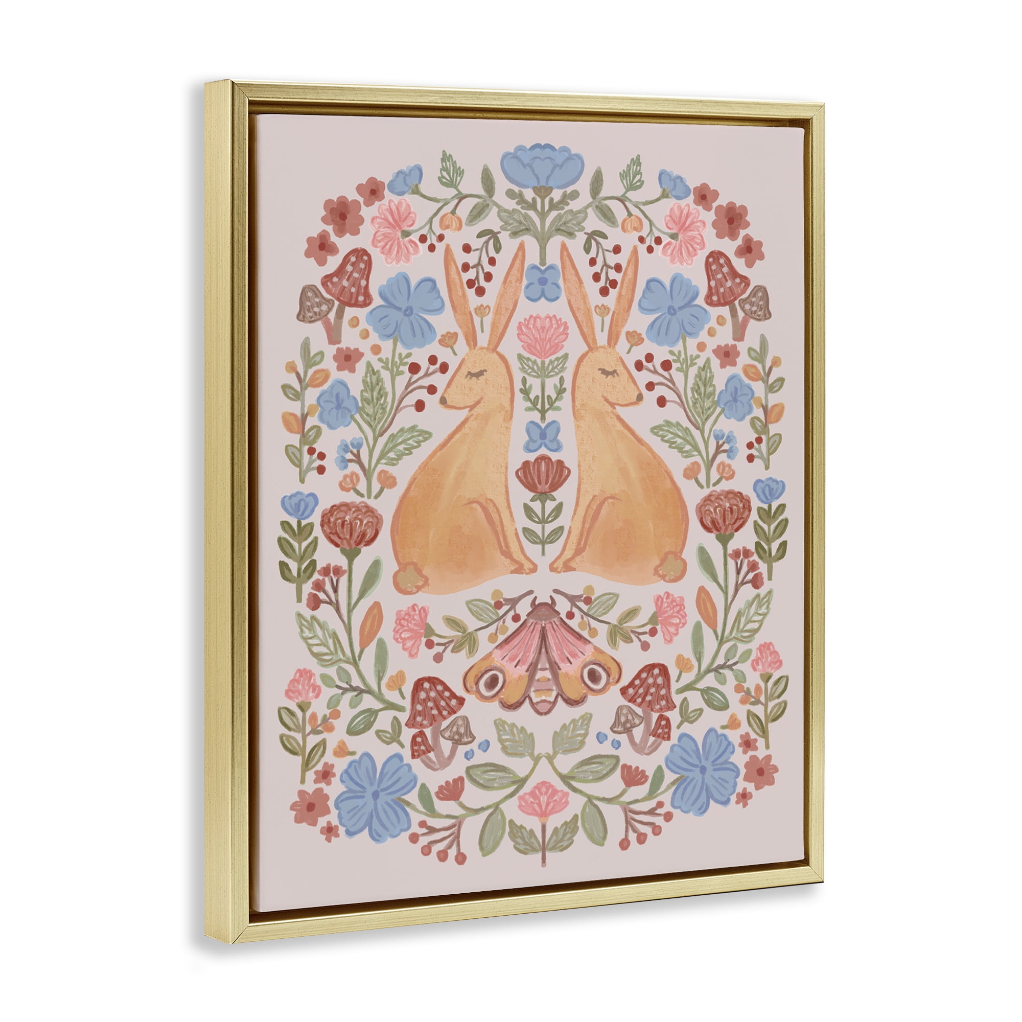 Stupell Industries Autumnal Folk Rabbits Animals Painting Gold Floater Framed Canvas Art Print Wall Art, 25 x 31