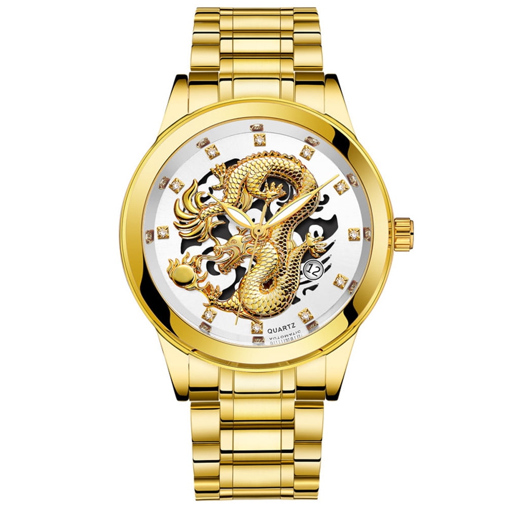 Waterproof Mens Gold Dragon Sculpture Quartz Watch Luxury Men Steel Wristwatch