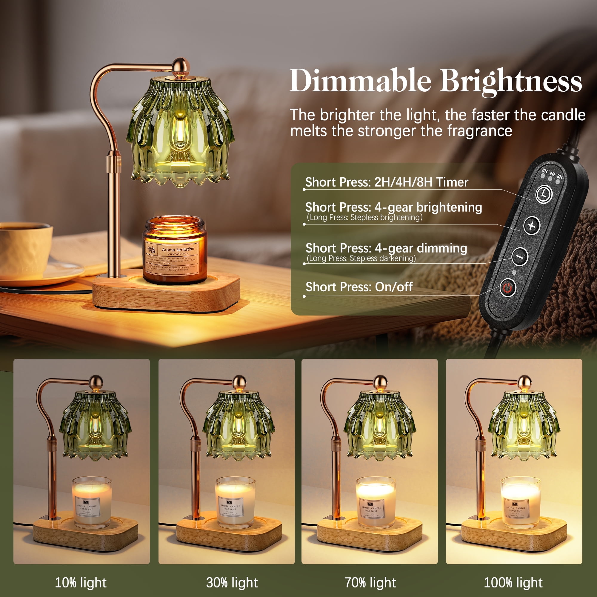 Candle Warmer Lamp with Timer Dimmer, Modern Wax Warmer for Scented Wax Jar Candle Warmer with 2 Bulbs, Adjustable Height Glass Lamp for Gifts,House Warming Gifts, Home Decor, Gold Green