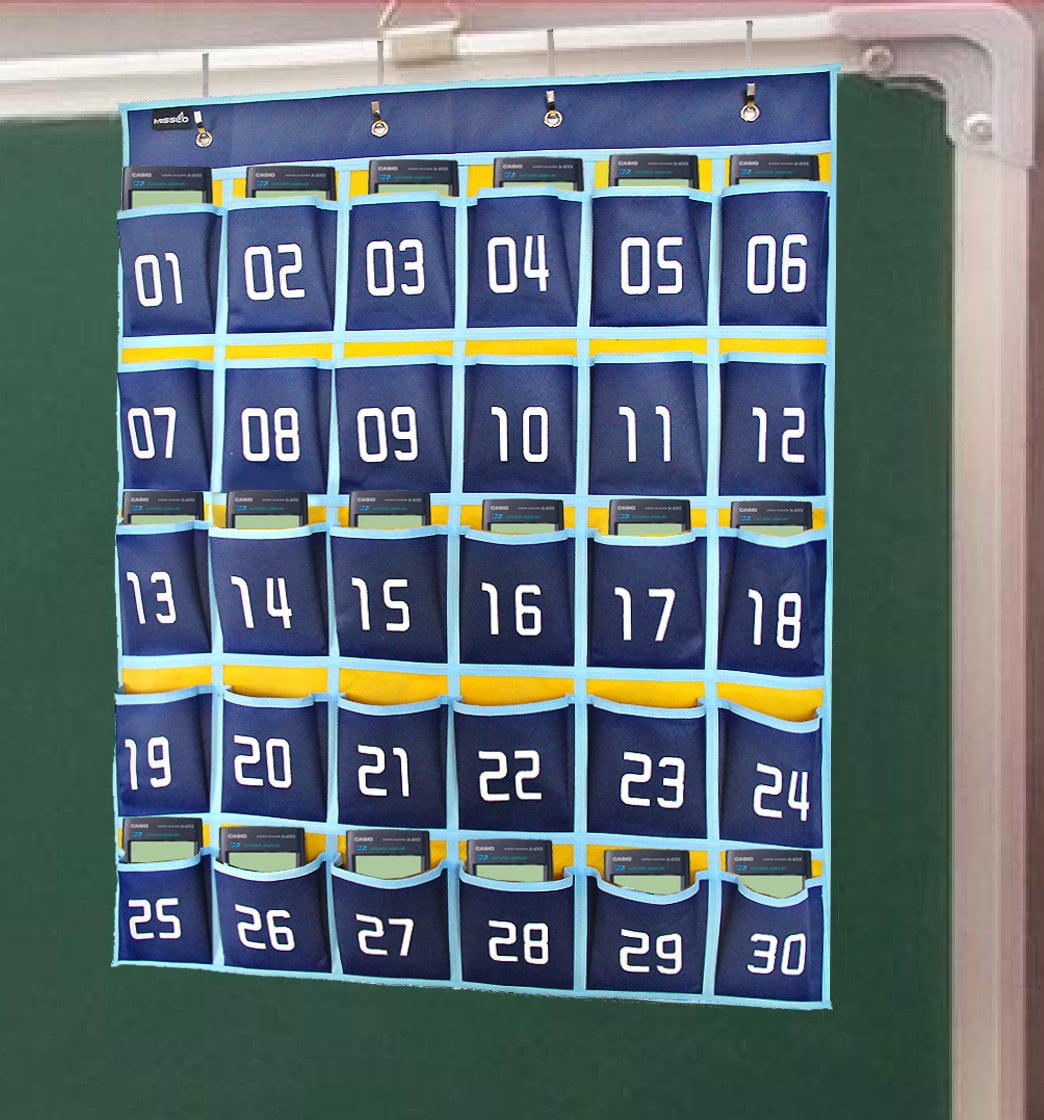 RainPeach Classroom Pocket Chart for Cell Phones and Calculator Holder Wall Door Hanging Organizer 30 Numbered Blue Pockets 
