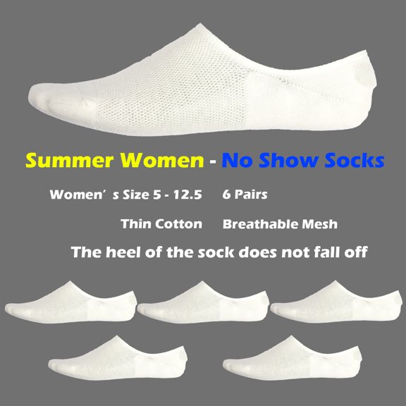 AZ26 No-Show Socks, Summer White Thin Cotton Built-in Sock,Women's Sizes 5-12.5, 6 Pairs, Female