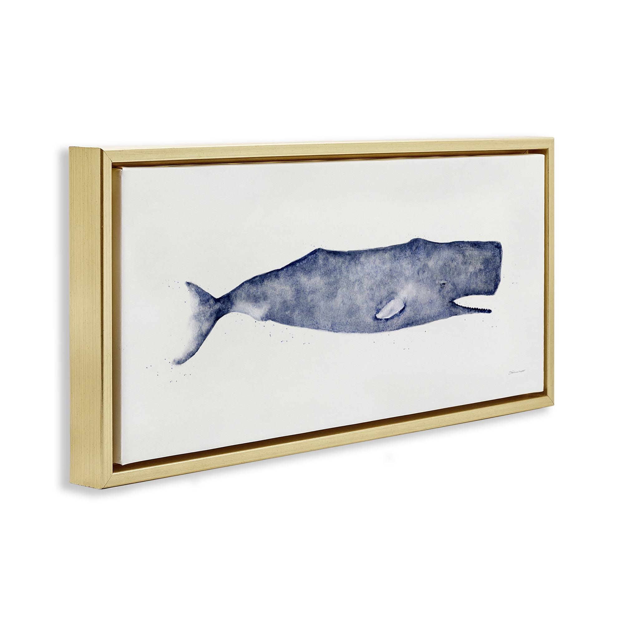 Stupell Industries Classic Whale Watercolor Illustration Animals & Insects Painting Gold Floater Framed Canvas Art Print Wall Art, 31 x 14