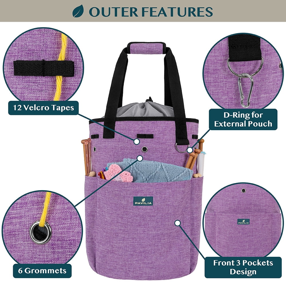 PAVILIA Knitting Bag Crochet Organizer Bag, Yarn Storage Tote, Knitting Accessories Supplies, Yarn Holder For Knitting With Grommets, Needles Hooks Essentials, Crochet Project Case (Heather Purple)