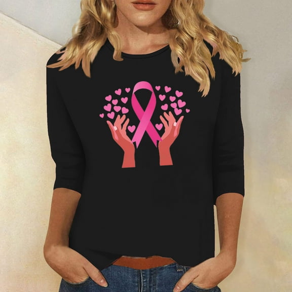 Alkepwun Breast Cancer Shirt for Women Love Heart Pink Ribbon Shirt Cancer Awareness T-Shirts Support Survival 3/4 Sleeve Tops