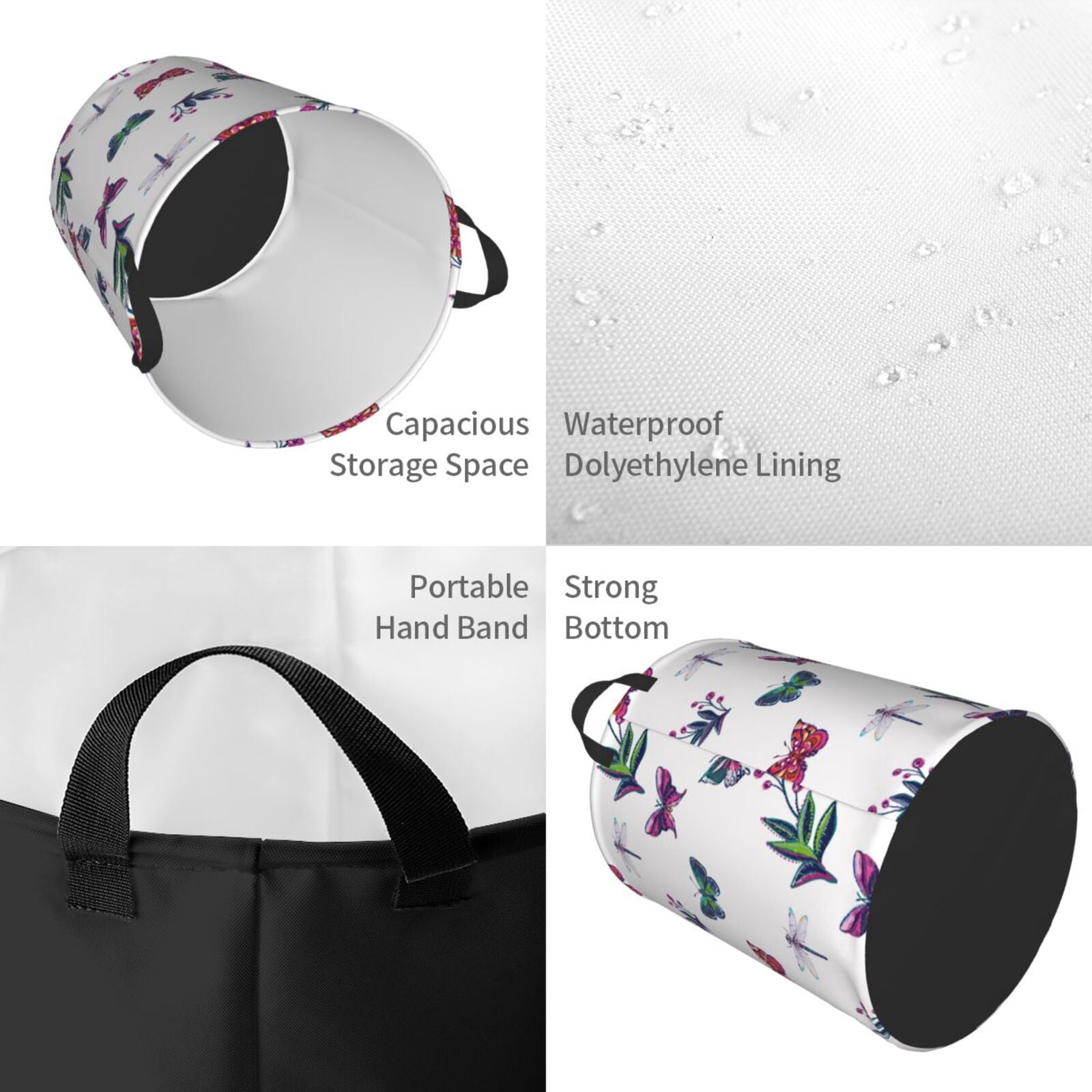 Large Laundry Basket with Handles - Butterfly Plant Dragonfly Kids Baby Dirty Clothes Laundry Hamper for Bedroom Aesthetic