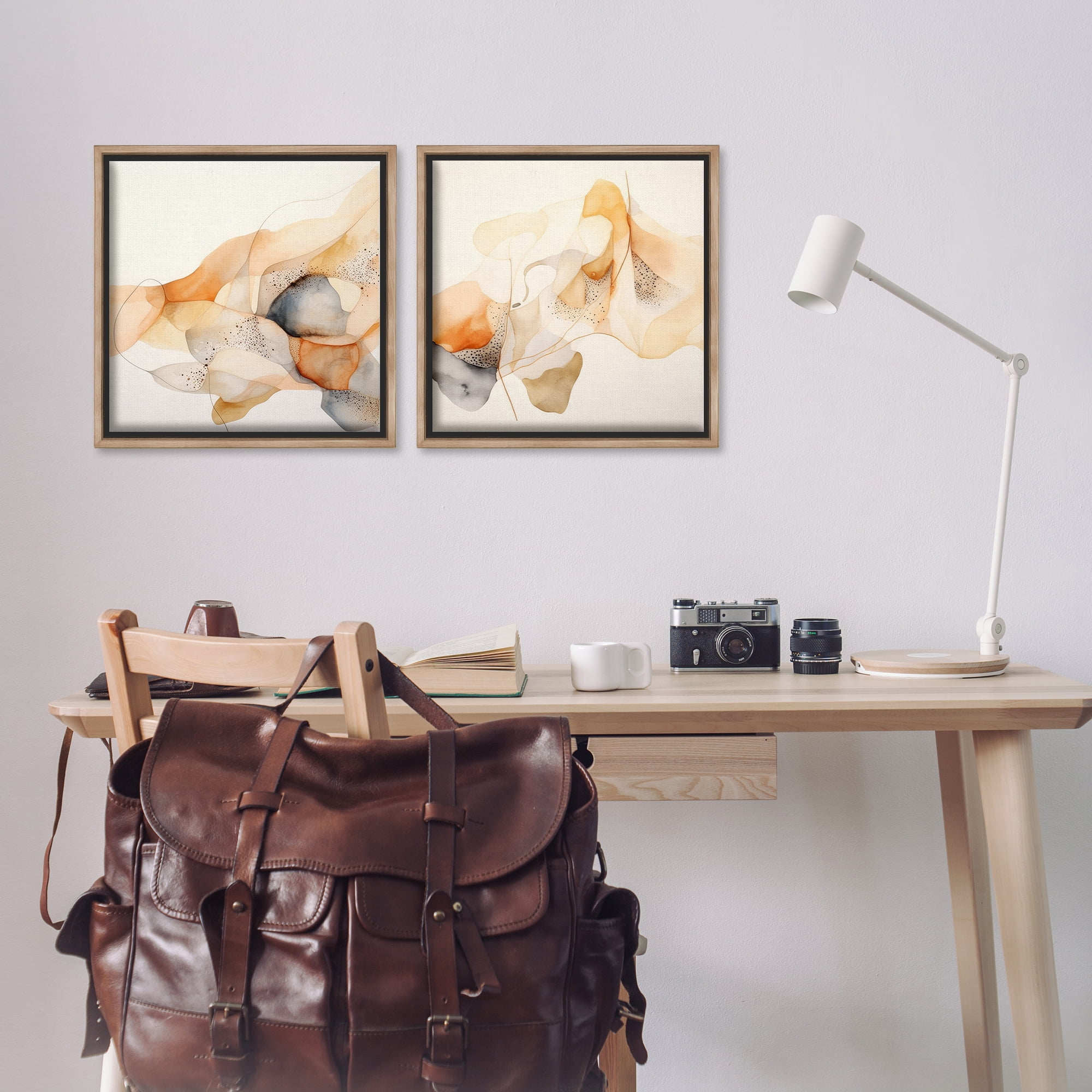 Stupell Industries Abstract Peach Watercolor Shapes Abstract Painting Brown Floater Framed Canvas Art Print Wall Art, 18 x 18, Set of 2