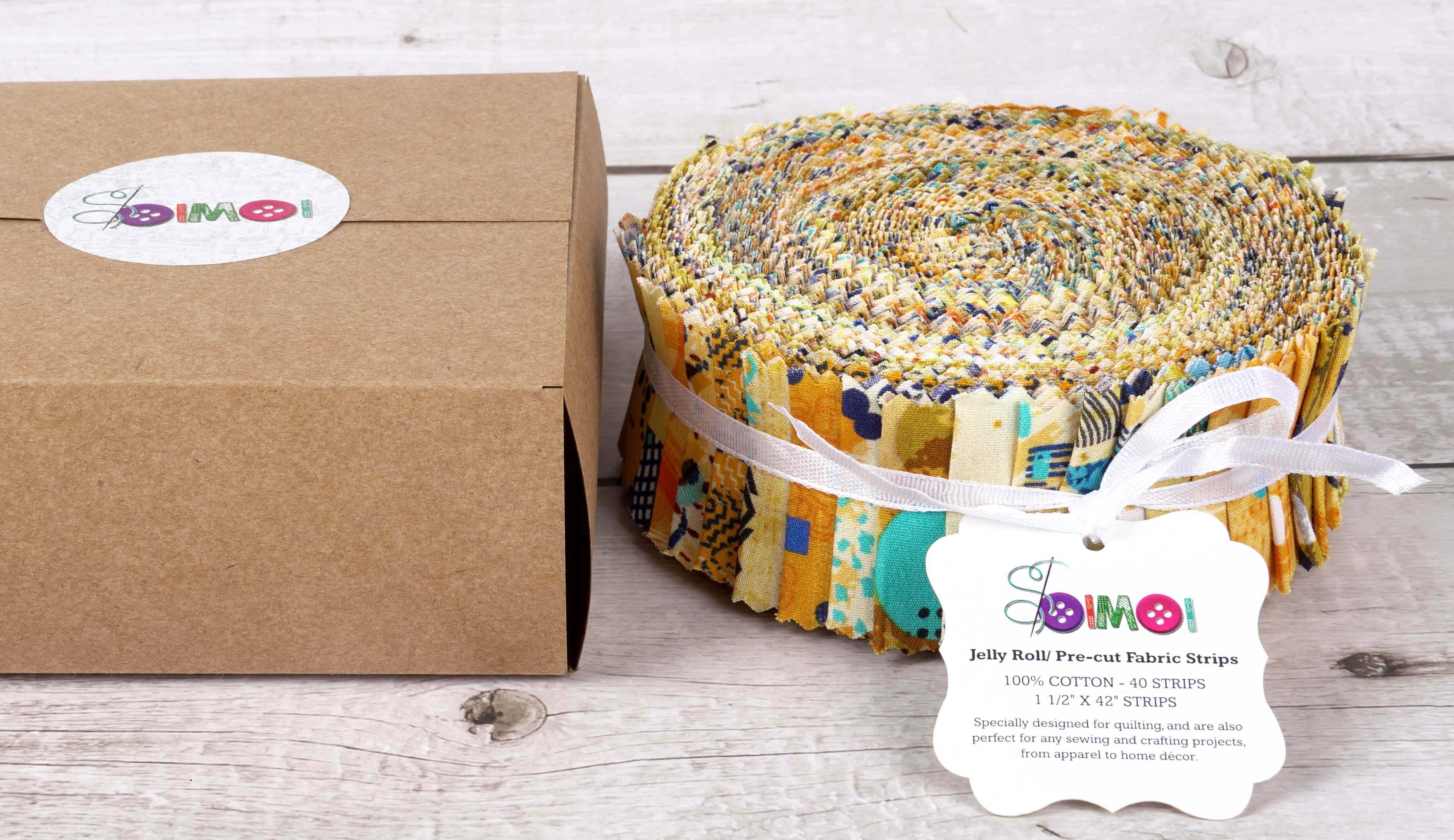 Soimoi 40Pcs Geometric & Texture Print Precut Fabrics Strips Roll Up 1.5x42inches Cotton Jelly Rolls For Quilting - Yellow