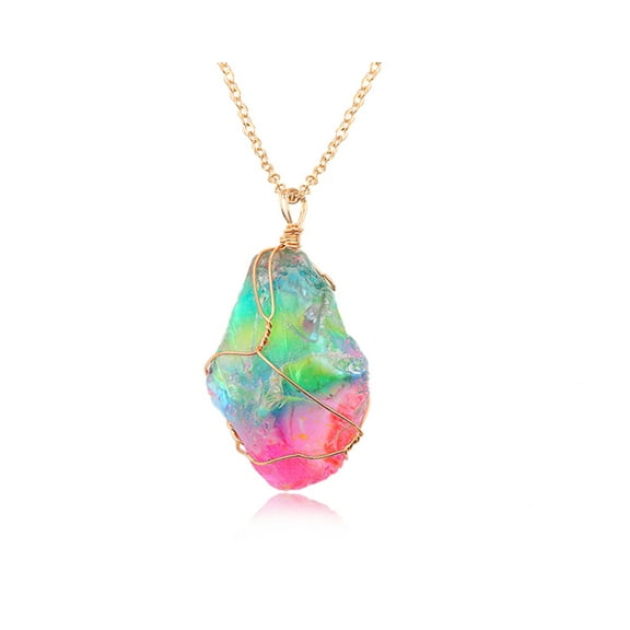 Gold tone Rainbow Quartz Wire wrapped Crystal Necklace