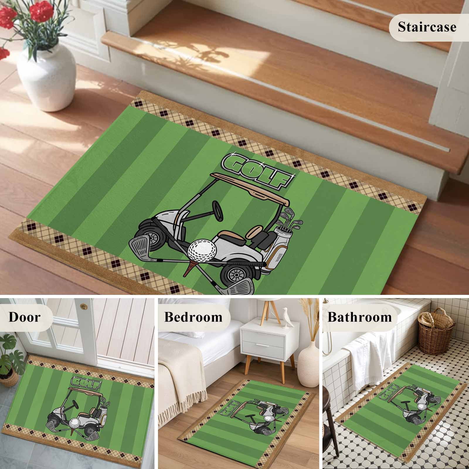 Entrance Runner Rug 2'x3', Golf Balls Non-slip Doormat for Indoor Outdoor Entrance, Green Sports Art Truck Brown Lattice Washable Throw Floor Mat for Front Door/Living Room/Bedroom/Bathroom/Kitchen