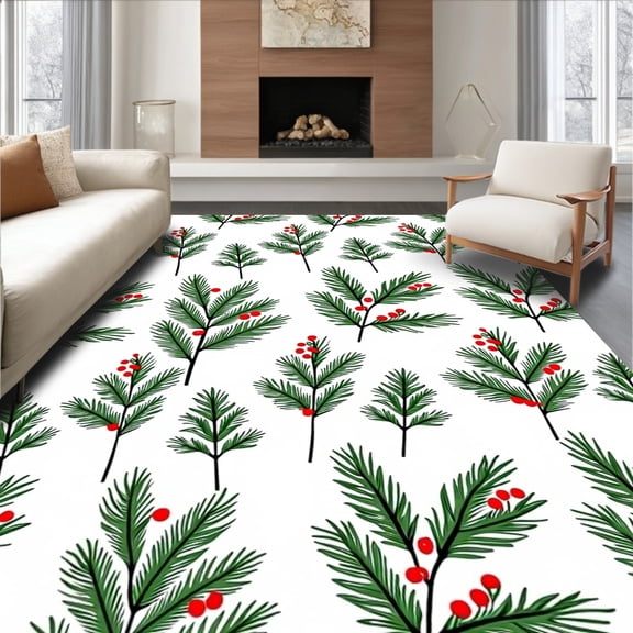 ODIKA 4'x6' Machine Washable Non-Slip Area Rug, Holly Pine Branch Festive Doormat Winter Holiday Welcome Entry High Traffic Rug, Green, 623638