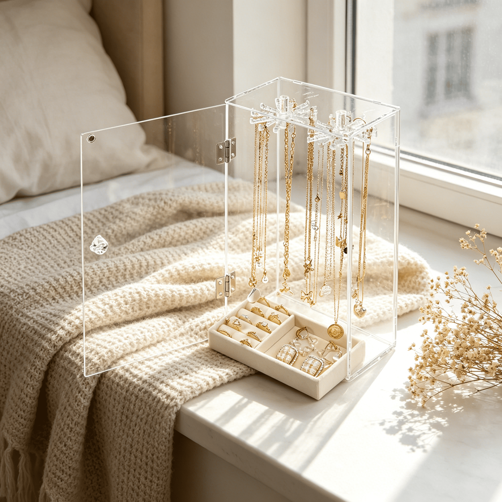 XIBUFE 2026 New Earnings Organizers Acrylic Necklace Display Stand Desktop Jewelry Organizer Box with Door Bracelet Storage Rack for Home,Vanity,Store Jewelry Display