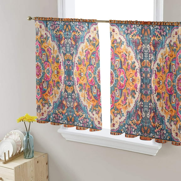 Middle Century, Sheer Curtains 54 Inches Length 2 Panels Set, Window Sheer Curtains for Living Room/Bedroom, Retro Multicolor Ethnic Luxurious Flower Light Filter Rod Pocket Curtain 52'' x 54'' x 2