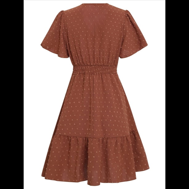 Vestido Corte A con Escote en V Color Rojo Ladrillo XL
