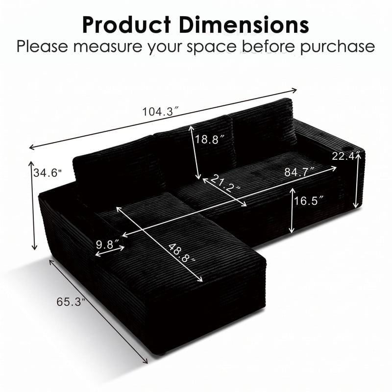 Anpport 104" Boneless Cloud Modular Sectional Couch, Corduroy Sofa with Cup Holders, Side Pockets, Deep Seat, No Assembly Required for Living Room, Black (L‑Shaped, Left Facing Chaise)