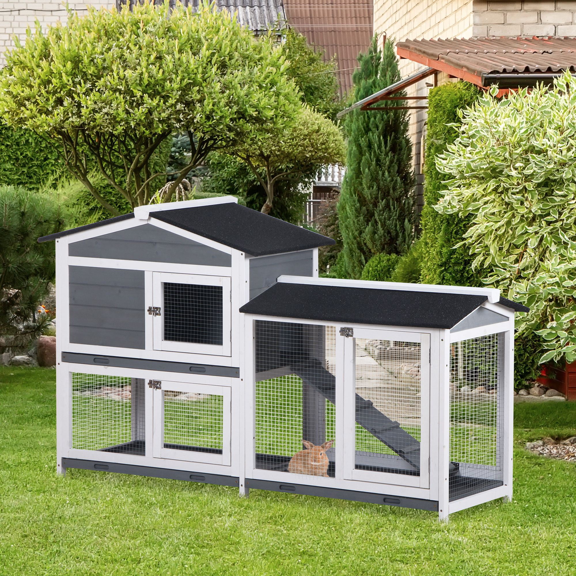 2-Tier Indoor Rabbit Enclosure, Wooden Hutch with Ramp, Outdoor Run, Small Animal House, Brown