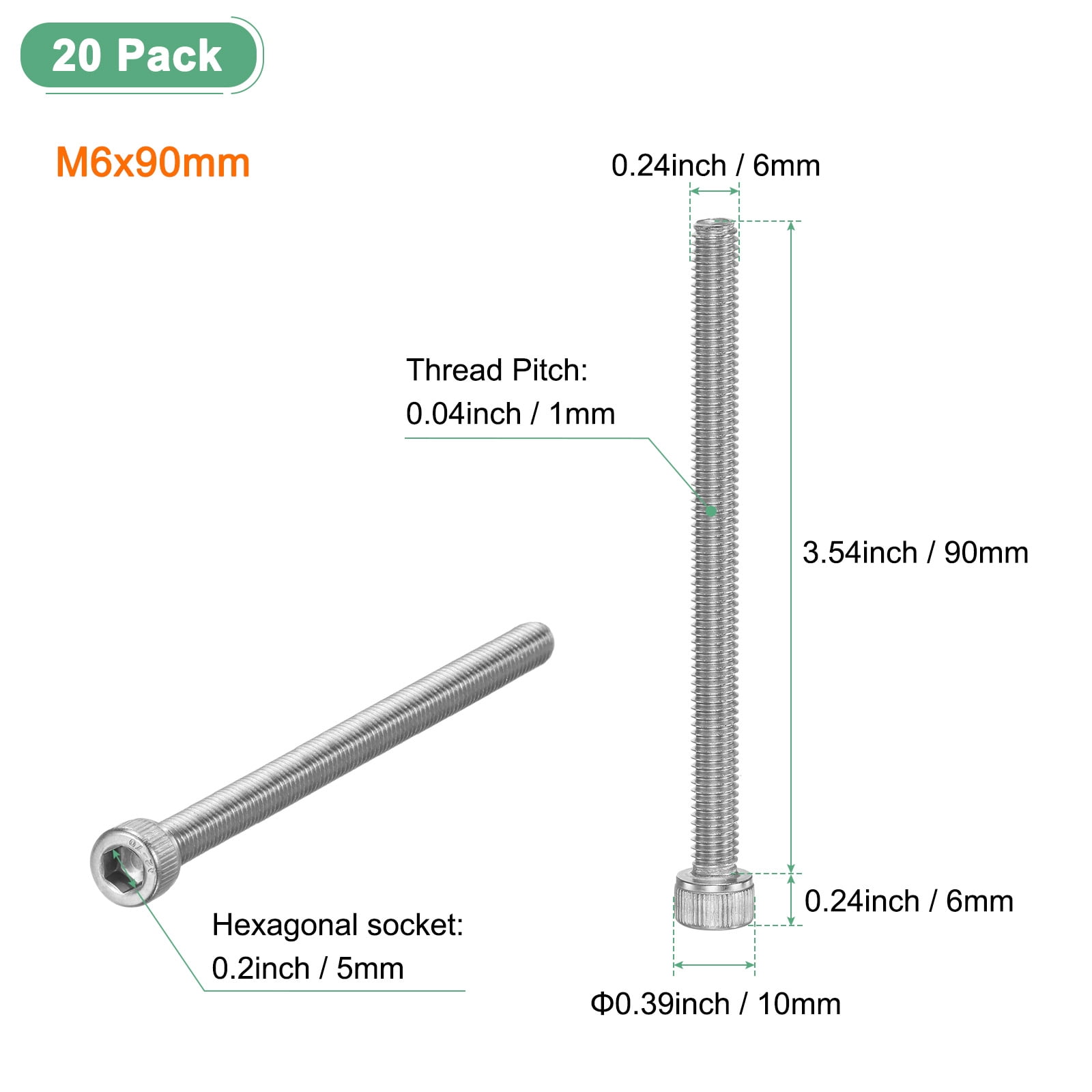 Uxcell 20-Pack Socket Head Cap Screws Bolts M6x90mm 1mm Pitch Stainless Steel for String Trimmer Chainsaw [Silver]