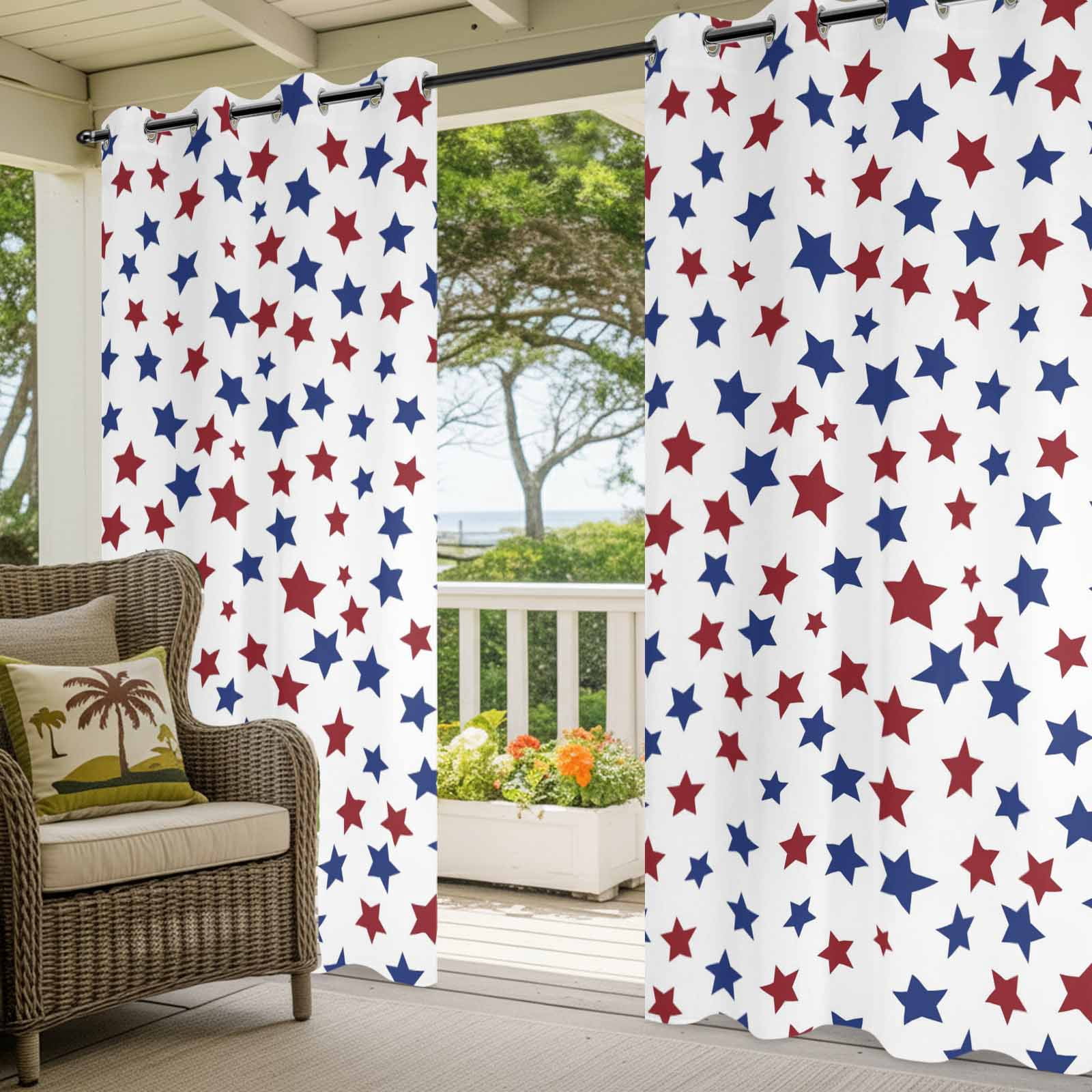 Red Blue Stars Outdoor Curtains for Patio, Independence Day Patriotic Five-pointed Star Sunshade Privacy Drapes Grommet Waterproof Outside Curtains for Porch/Cabana/Balcony 54"x 108", 1 Panel