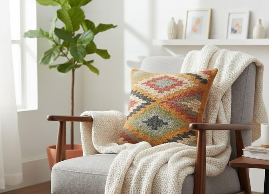 NATURAL FURNISH Handwoven Wool Jute Kilim Cushion Cover | Traditional Southwestern Geometric Decorative Throw Pillow Case | Handmade Kilim Pillow Cover for Sofa, Bed and Living Room (Beige, 2 PCS)