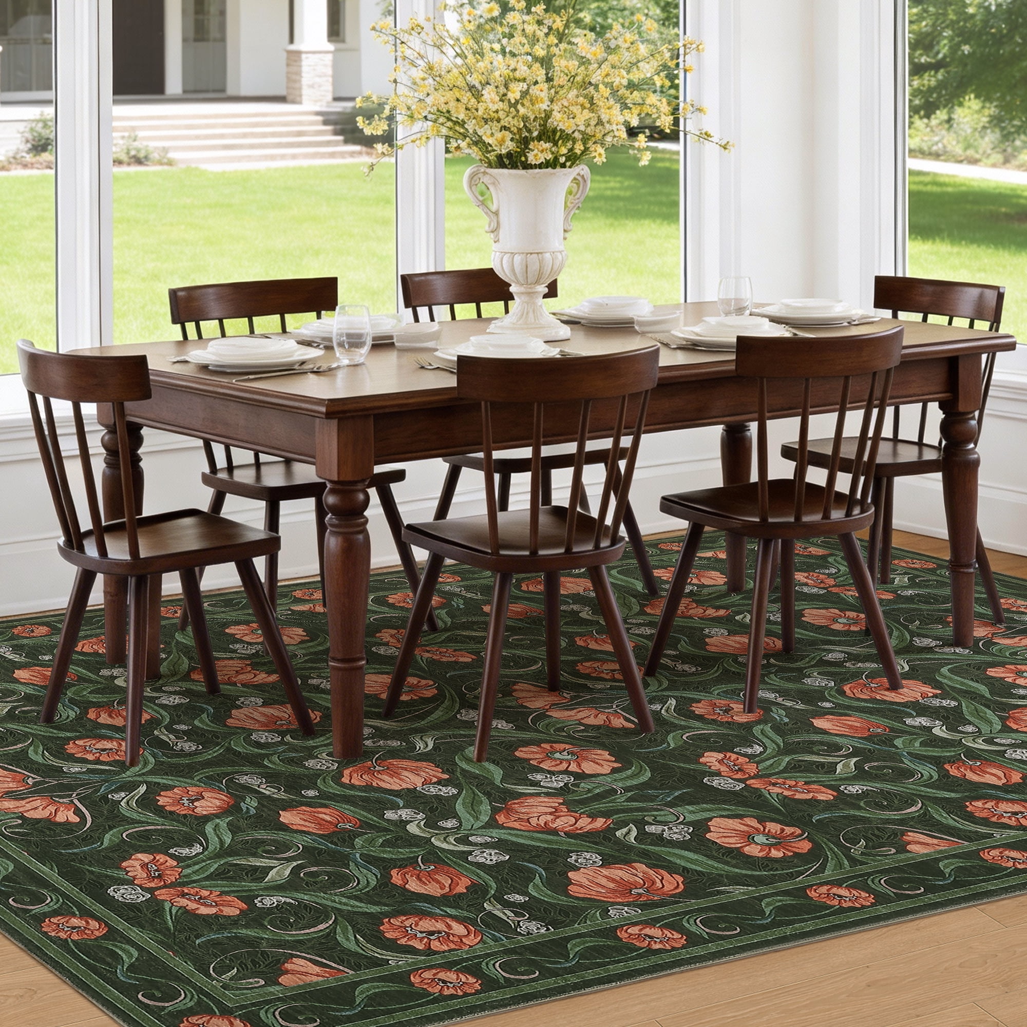 Memoryfield Modern Floral Area Rug 6' x 9', Washable Floor Cover, Soft Low-Pile Non-Slip Carpet, for Living Room Bedroom Dining Room, Dark Green
