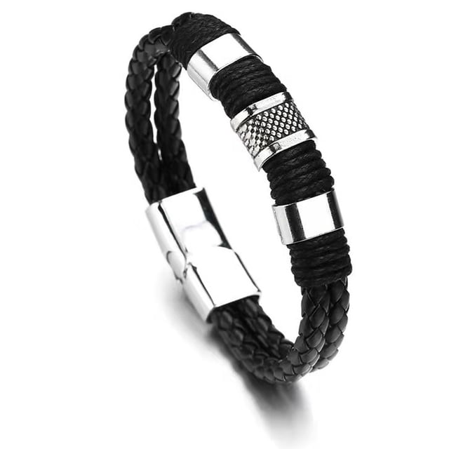 Pulsera de cuero para hombre con cierre magnético de acero inoxidable negro