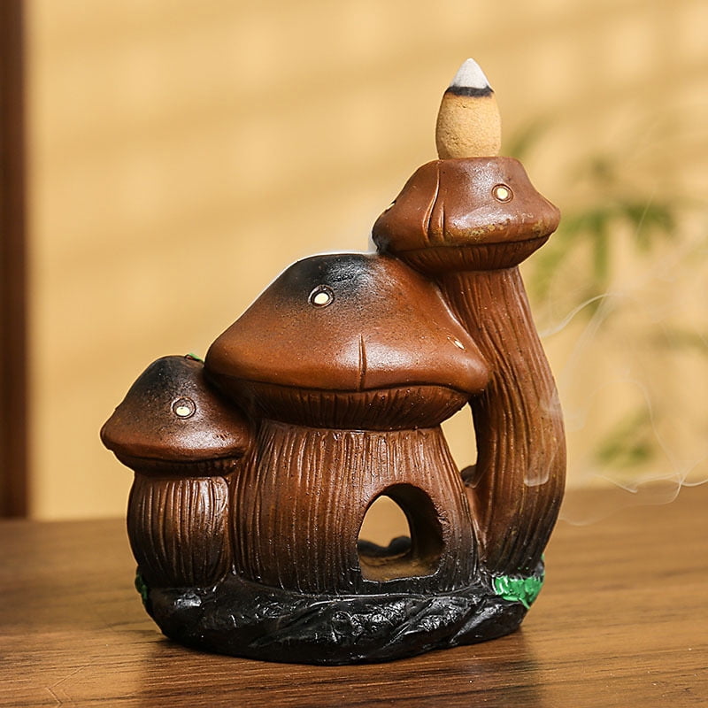 Mushroom House Backflow Censer Backflow Incense Burner Resin Mushroom House Incense Burner Mushroom Incense Holder Flowing Smoke Burner for Relax Desktop Ornament