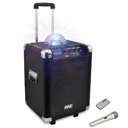 Disco Jam Portable BT PA Speaker System with LED Party Lights, Built-in Battery, Cordless Headset, Handheld and Lavaliere Microphones, AM/FM Radio, 10