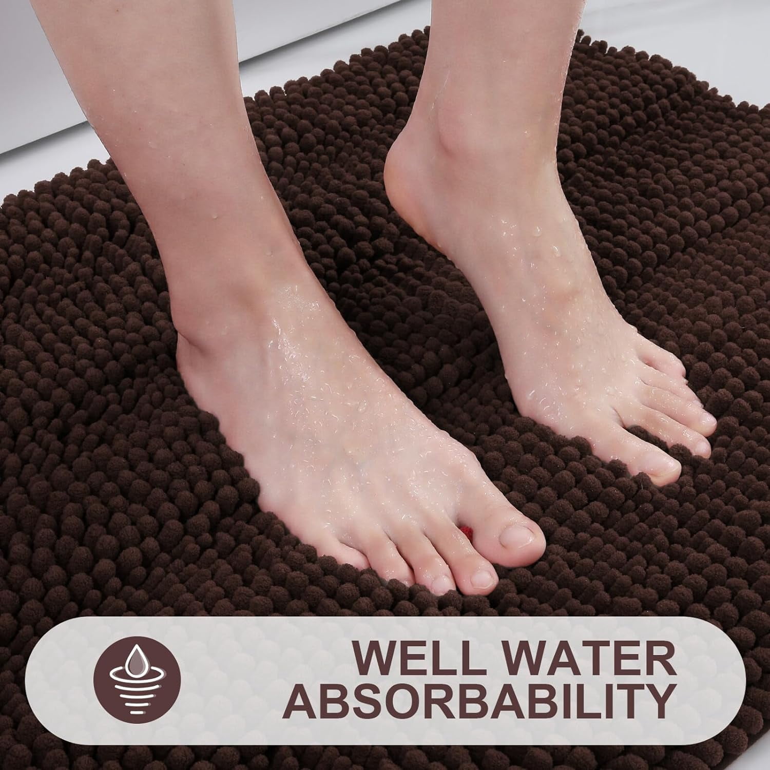 Chenille Striped Bathroom Rugs 24x16, Extra Thick and Absorbent Bath Rugs, Non-Slip Soft Plush Shaggy Bath Carpet, Machine Wash Dry, Bath Mats for Bathroom, Brown