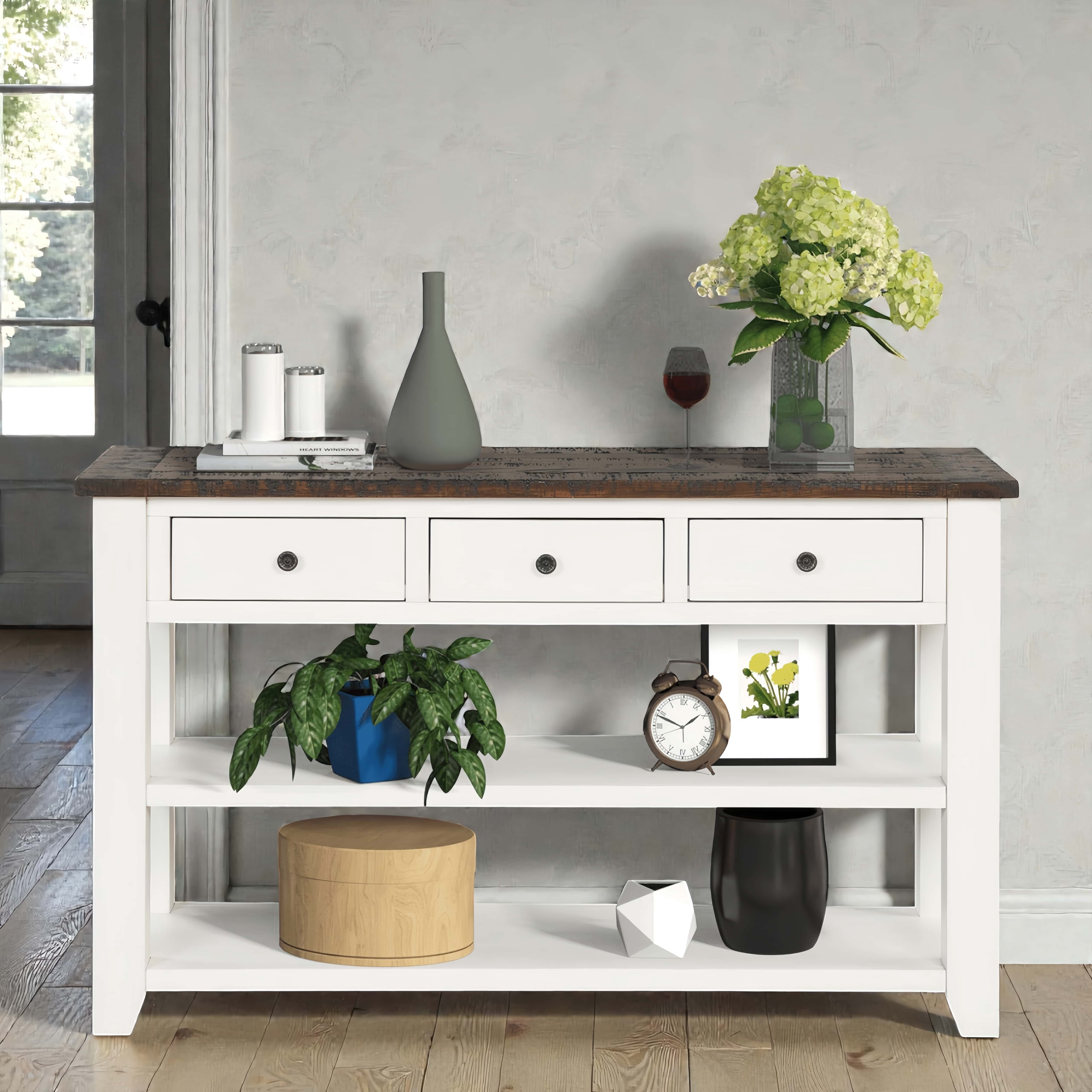 Tcbosik 48" Console Table, Entryway Table with Shelves and 3 Drawers, Sofa Table for Hallway, Foyer, Living Room, Easy Assembly, Antique White