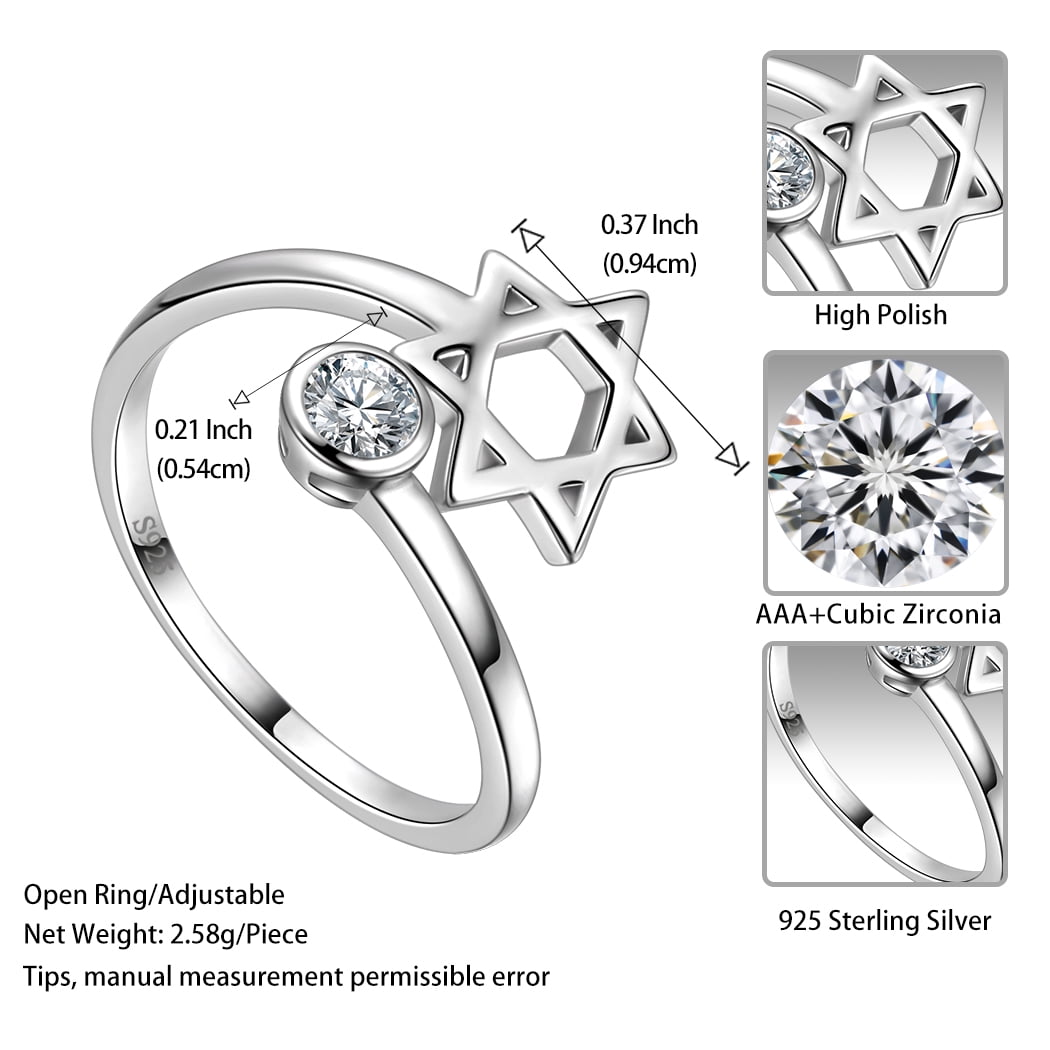 925 Sterling Silver Star of David Ring CZ Adjustable Women Men Magen David Star Judaic Jewelry Gifts