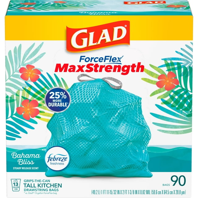 Bolsas de basura Glad ForceFlex MaxStrength de 13 galones y 90 quilates, color verde azulado