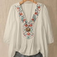 thumbnail image 6 of Boho Embroidered Tunic Tops for Women - Floral V-Neck Peasant Blouse, Loose Fit 3/4 Sleeve Casual Summer Shirt Beige L, 6 of 8
