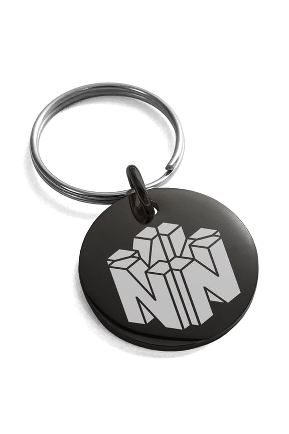 Stainless Steel Letter N Initial 3D Cube Box Monogram Engraved Small Medallion Circle Charm Keychain Keyring
