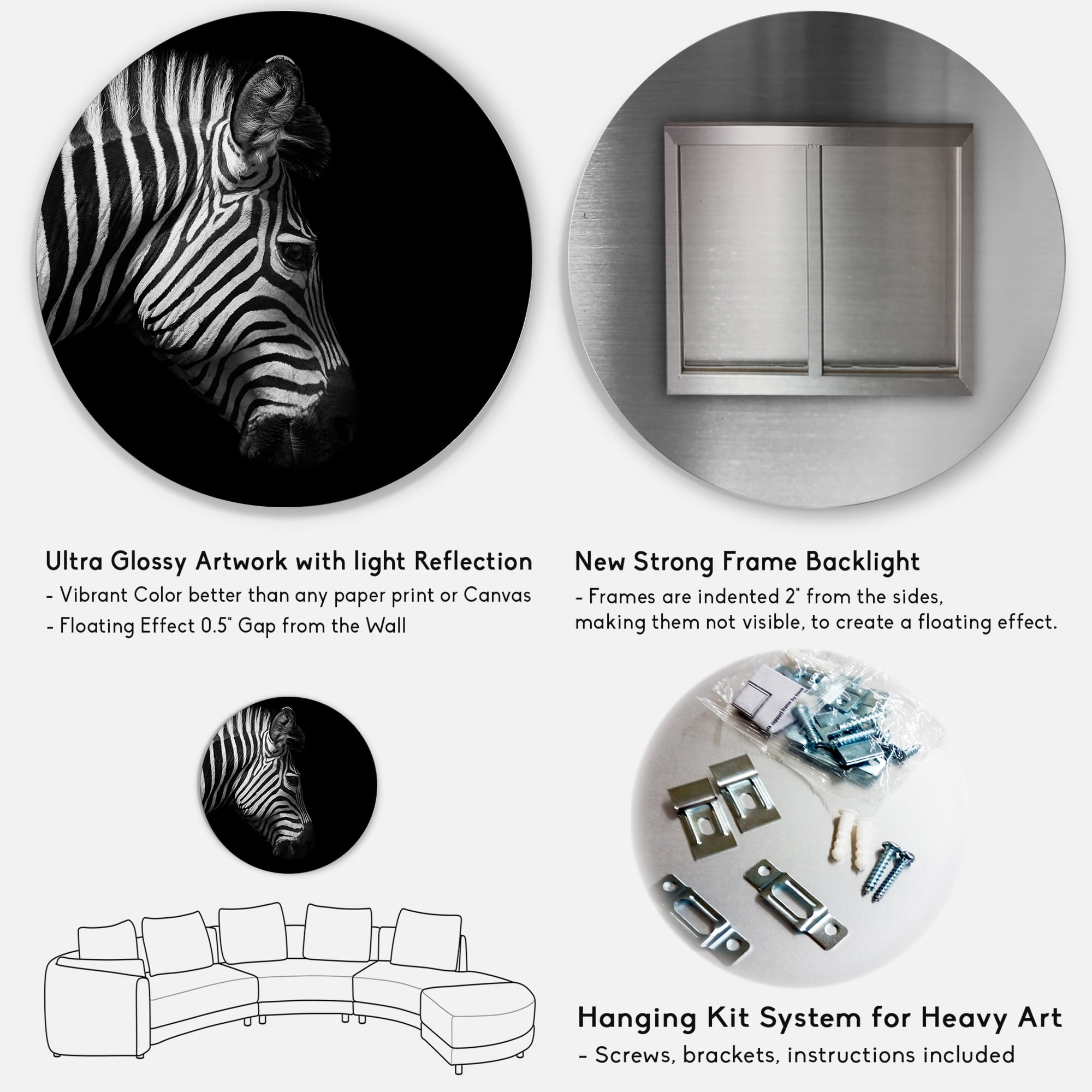 Designart 'Black and White Portrait of Zebra Head' Farmhouse Circle Metal Wall Art 23x23 - Disc of 23