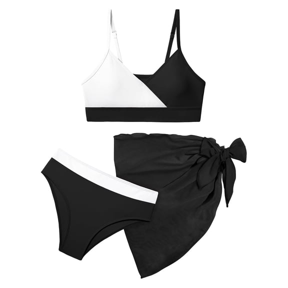 FUZHIQ Girls' 3 Piece Bikini Set Ditsy Floral Print Wireless Swimsuit with Beach Skirt,10-11 Years
